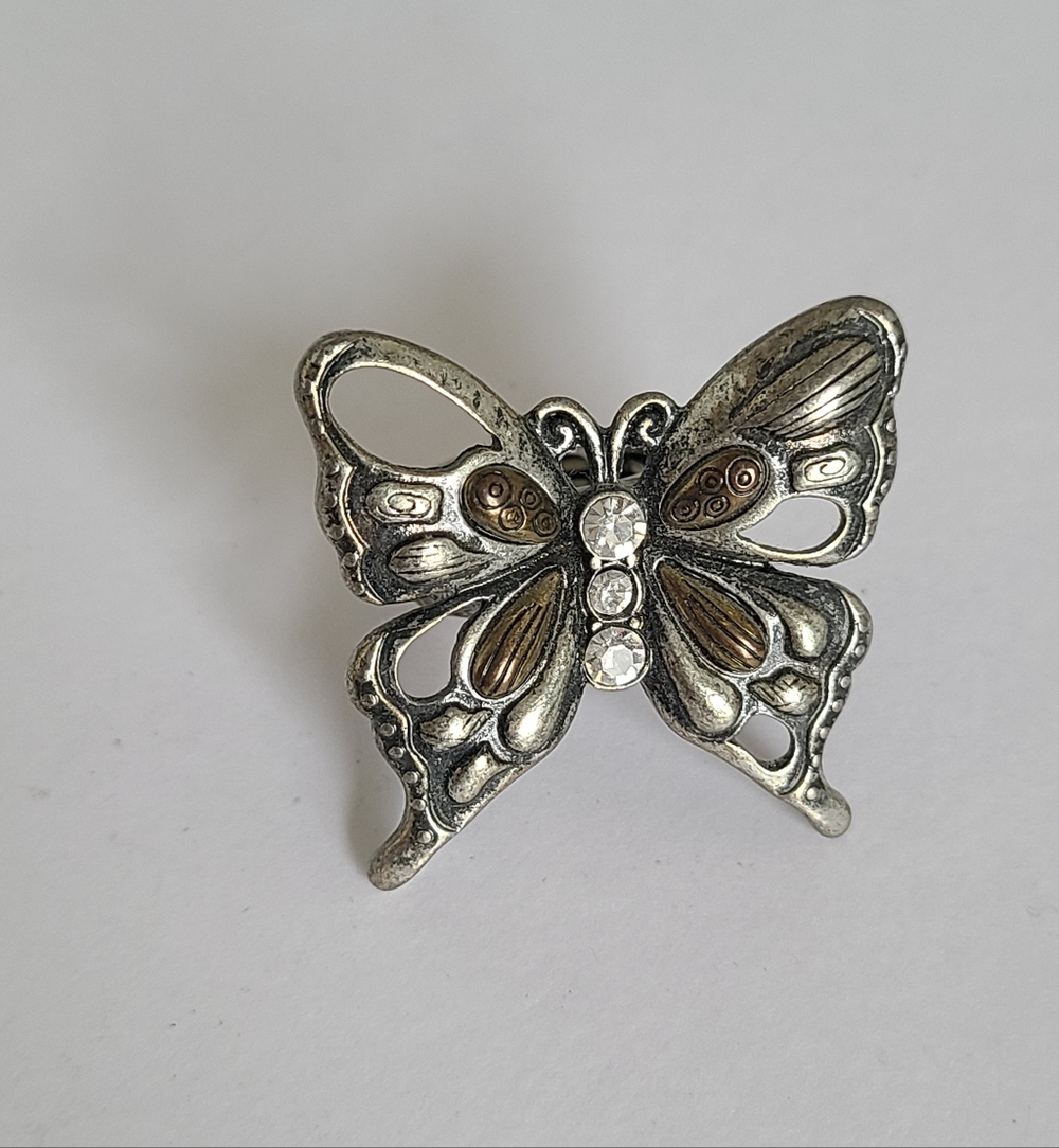 Vintage Dark Silver Tone Pewter Boho Chunky Openwork Rhinestone Butterfly Ring - Picture 2 of 15